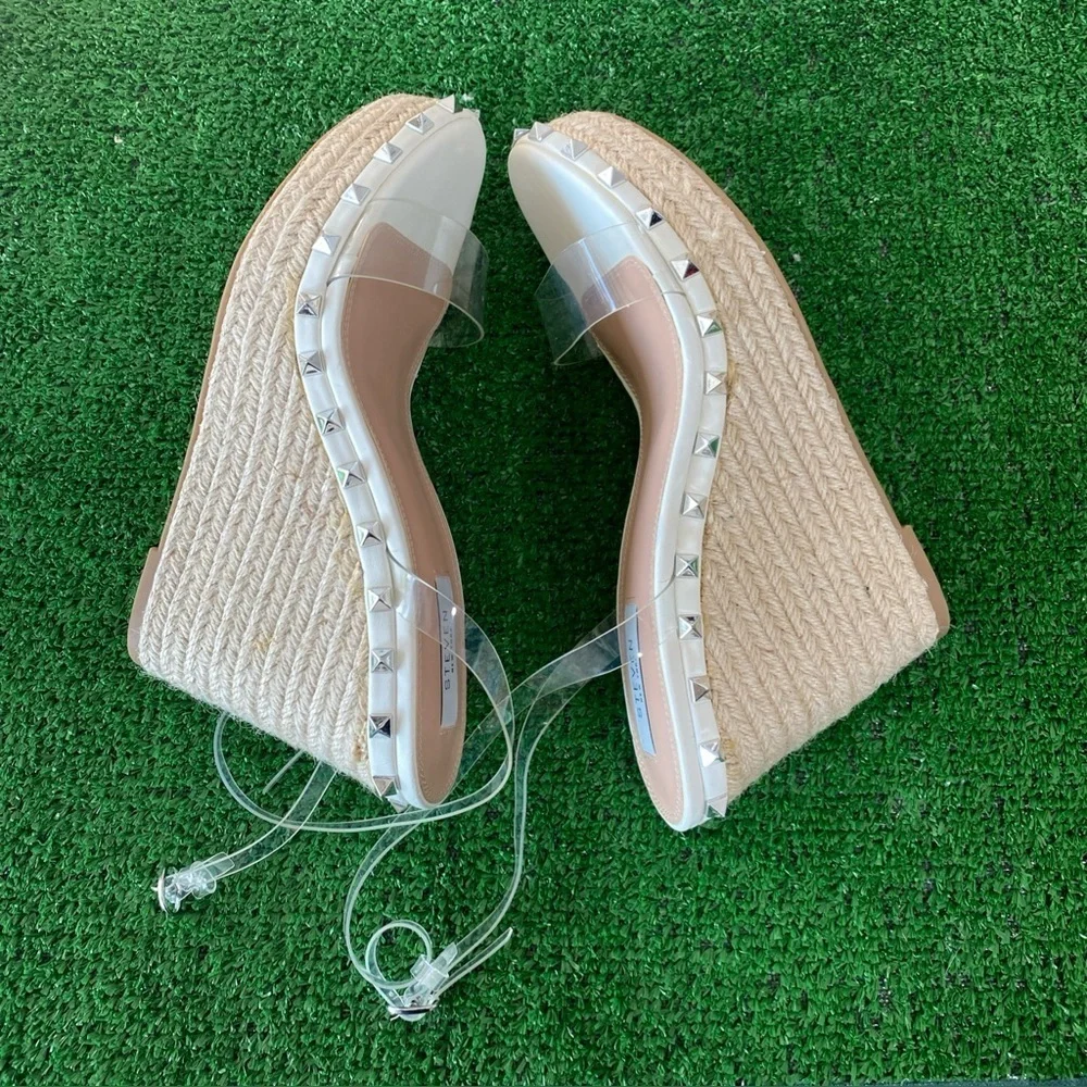 Steven New York by Steve Madden Clear Studded Espadrille Wedge Sandals S-10M K-2